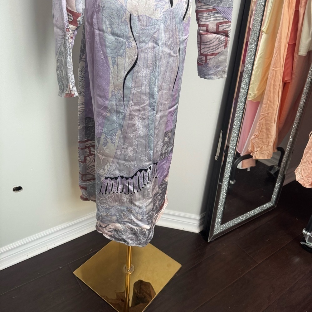 Vintage 100% Silk Kimono Robe Duster w Print japanese dragon geisha XL lavender - Picture 9 of 15